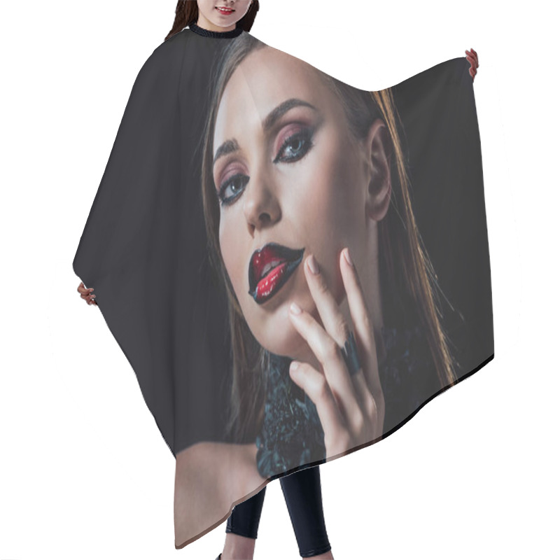 Personality  Scary Vampire Girl In Black Gothic Dress Isolated On Black Hair Cutting Cape