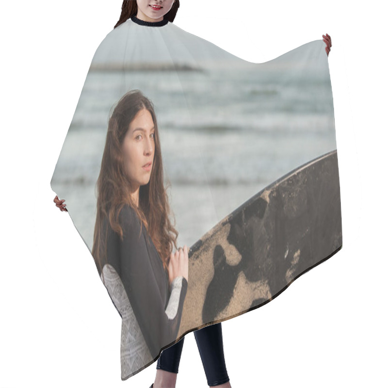 Personality  Hot Brunette Ready To Go Surfing. Hair Cutting Cape