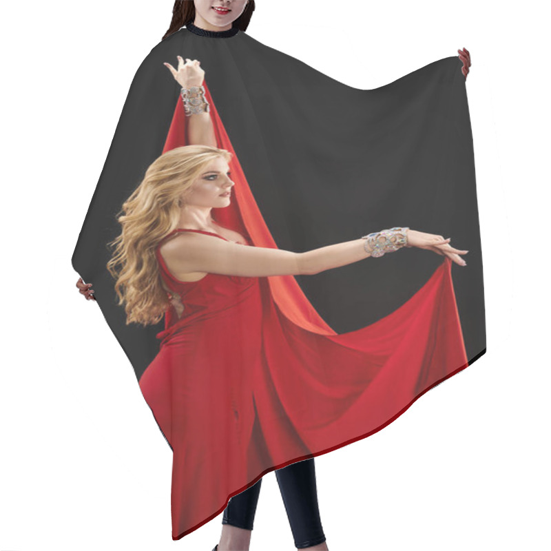 Personality  Woman In Red Dress Gracefully Dances, Exuding Passion And Elegance. Hair Cutting Cape