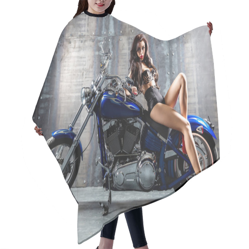 Personality  Woman Sitting On Motorcycle. Hair Cutting Cape