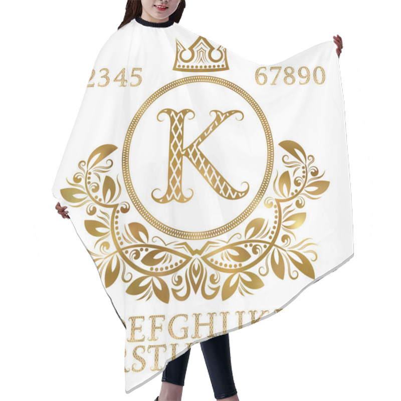 Personality  Golden Patterned Letters And Numbers With Initial Monogram In Coat Of Arms Form. Shining Font And Elements Kit For Logo Design. Hair Cutting Cape