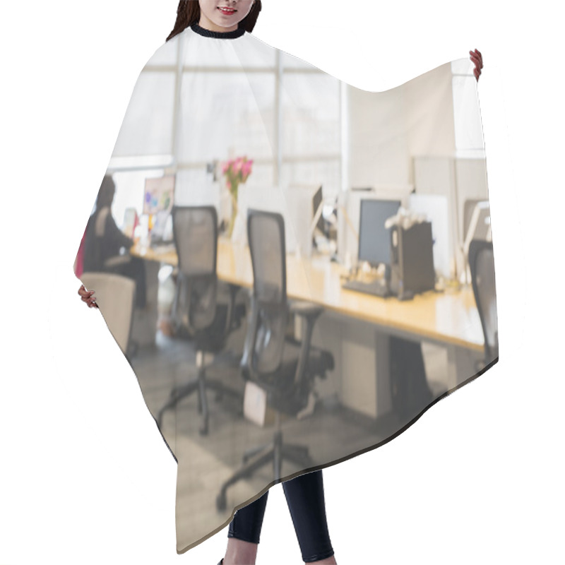 Personality  Office Blur Background With Wooden Desk And Modern Chair Hair Cutting Cape