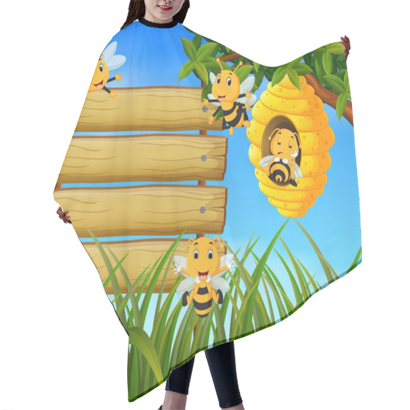 Personality  Scene With Bees Flying Around Beehive Illustration With Blank Wood Hair Cutting Cape