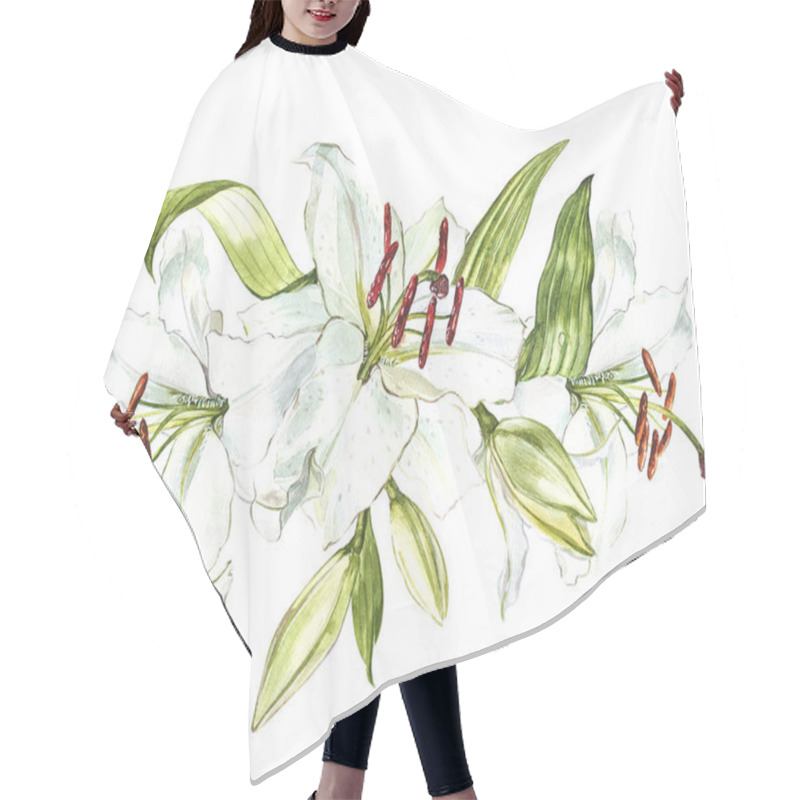 Personality  Watercolor Set Of White Lilies, Hand Drawn Botanical Illustration Of Flowers Isolated On A White Background. Hair Cutting Cape