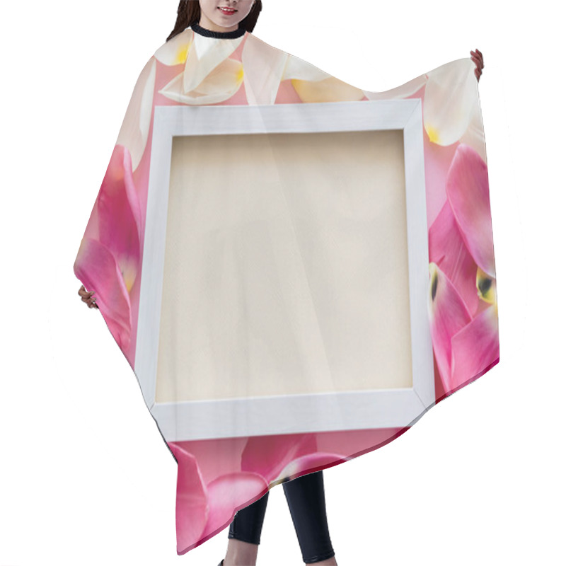 Personality  Top View Of Empty Frame On White And Pink Floral Petals  Hair Cutting Cape