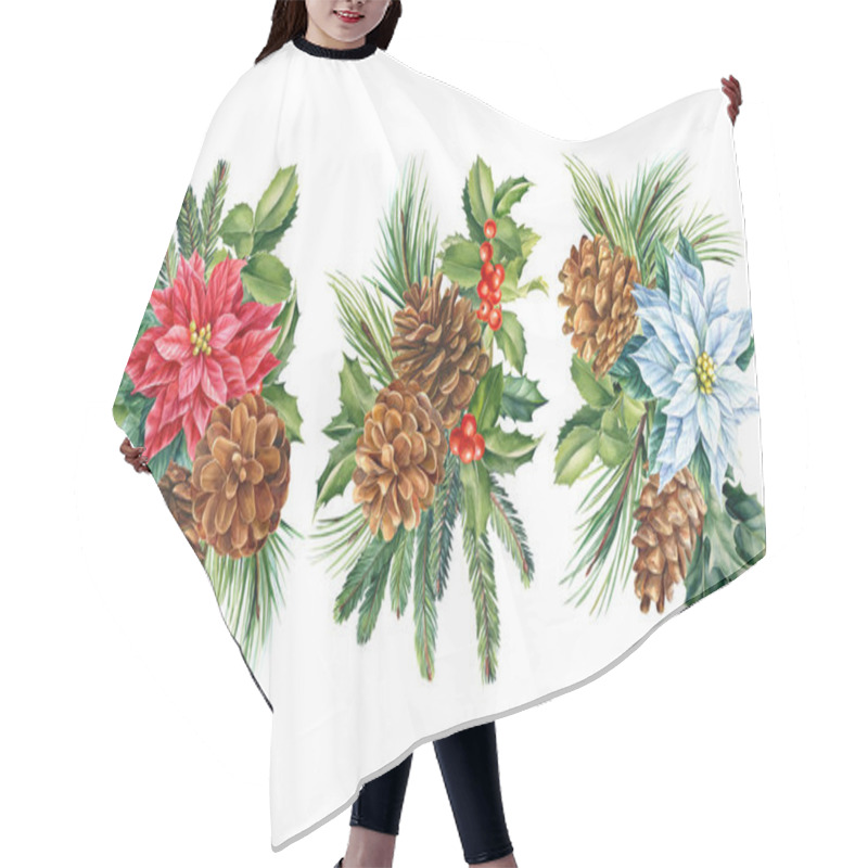 Personality  Floral Arrangements, Composition Of Christmas Star Flowers, Pine Cones, Holly, Spruce Branches, Watercolor Drawing Hair Cutting Cape