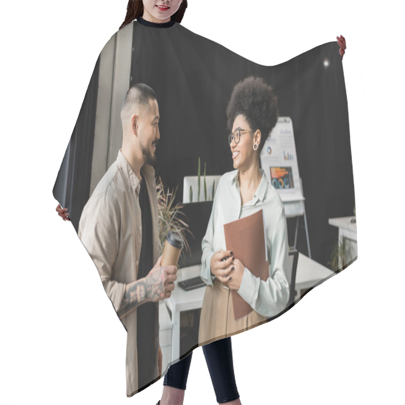 Personality  Asian Businessman With Coffee Chatting With African American Female Colleague In Office, Coworking Hair Cutting Cape