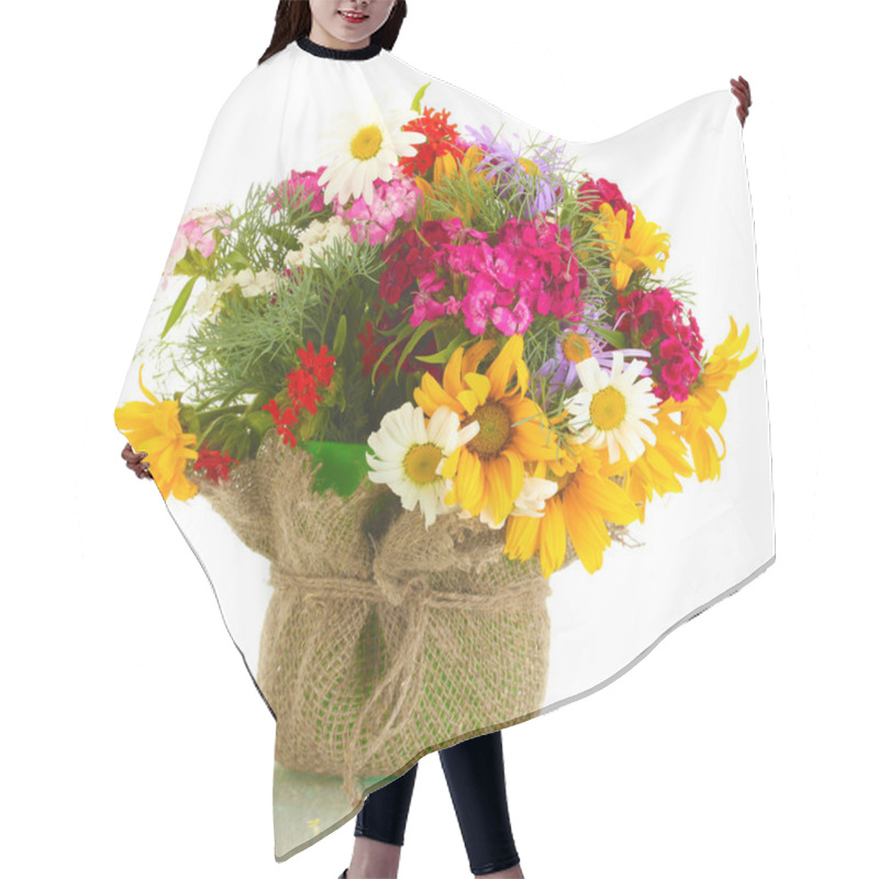 Personality  Beautiful Bouquet Of Bright Wildflowers In Flowerpot, Isolated On White Hair Cutting Cape