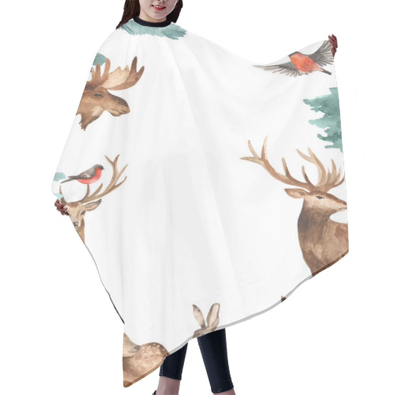 Personality  Forest Animals, Elk, Deer, Fox, Hare, Wild Boar, Pine And Fir Trees. Watercolor Rectangular Frame Hair Cutting Cape