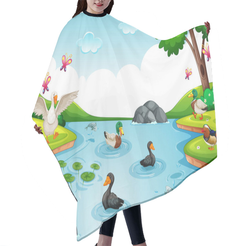 Personality  Poultry Group In The River In Nature Scene  Illustration Hair Cutting Cape