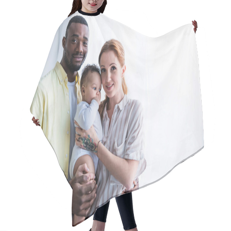 Personality  Joyful African American Man Embracing Wife Holding Infant Kid Hair Cutting Cape