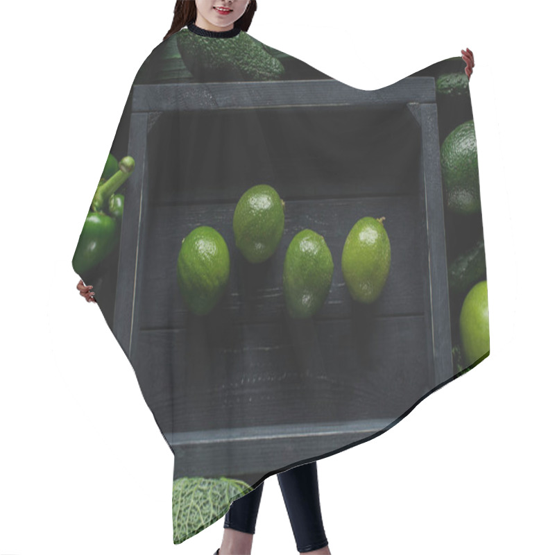 Personality  Top View Of Lime In Wooden Box Between Green Vegetables, Healthy Eating Concept Hair Cutting Cape