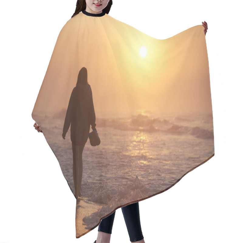 Personality  A Woman Walks Along The Sea Shore At Dawn, Splashes Hair Cutting Cape