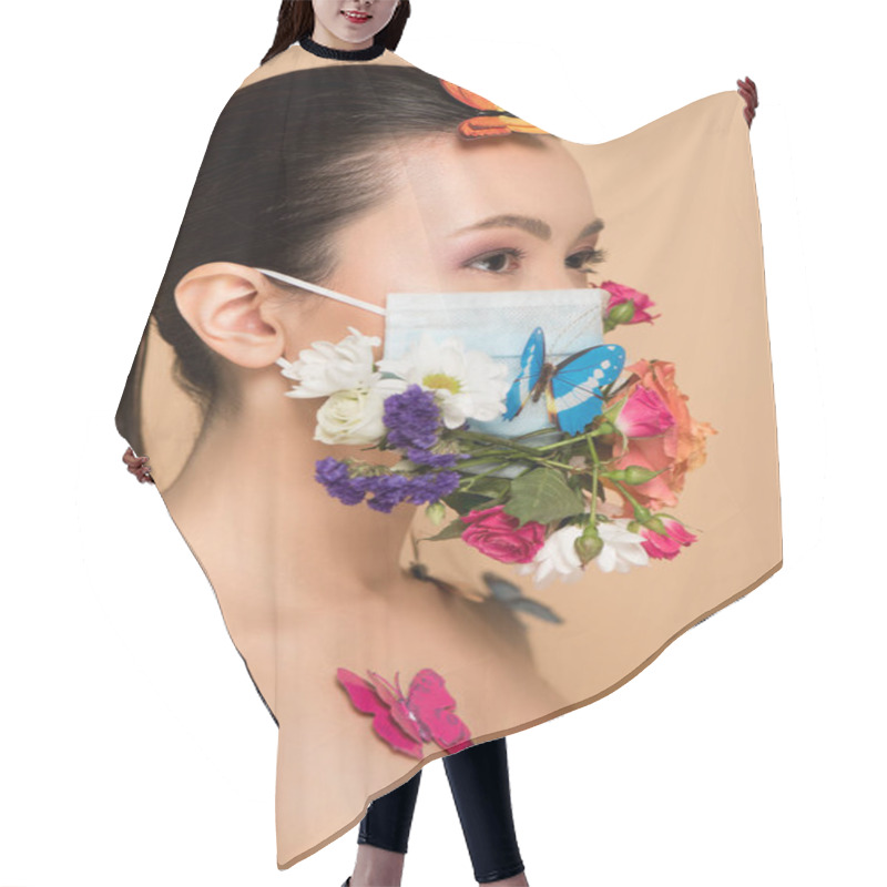 Personality  Attractive Asian Woman In Floral Face Mask With Butterflies Isolated On Beige Hair Cutting Cape