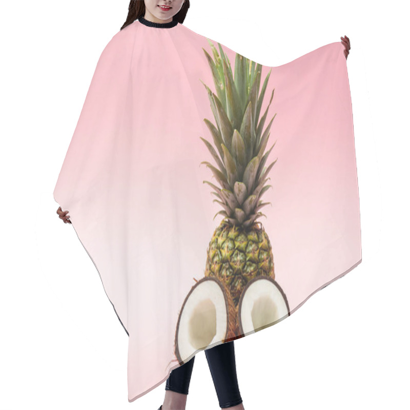 Personality  Ripe Pineapple And Fresh Coconut Halves On Pink Background Hair Cutting Cape