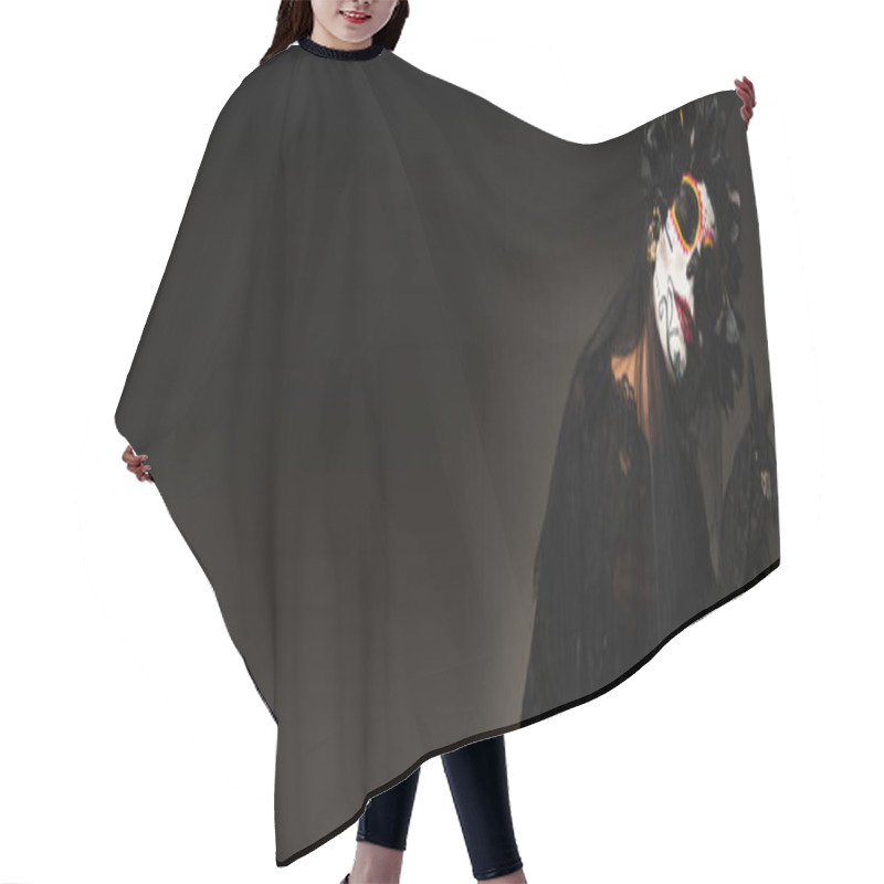 Personality  Woman In Spooky Costume And Halloween Makeup Posing With Closed Eyes On Black Background, Banner Hair Cutting Cape