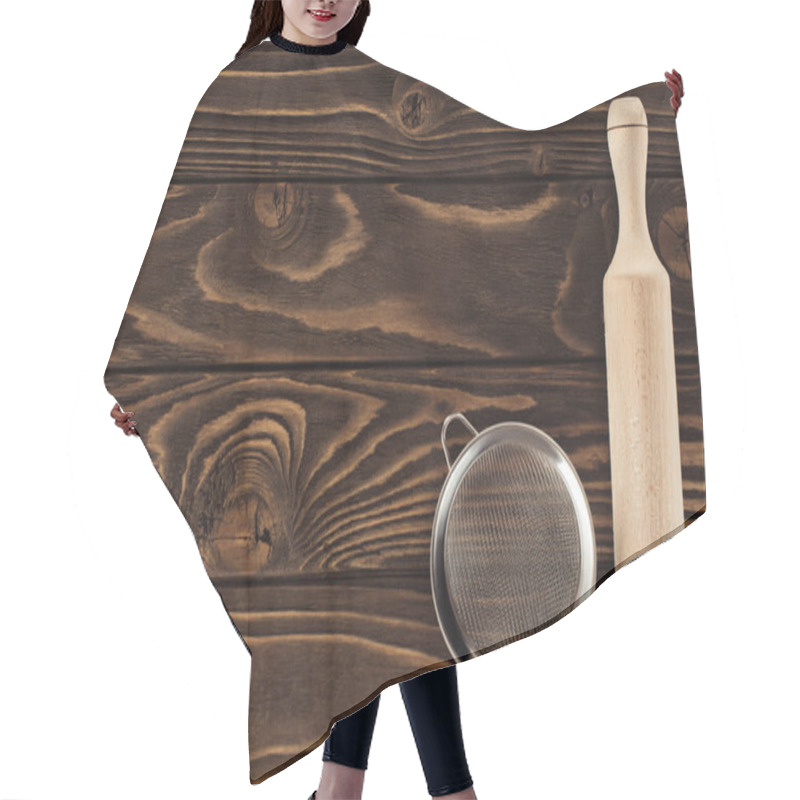 Personality  Top View Of Sieve And Wooden Rolling Pin On Table  Hair Cutting Cape