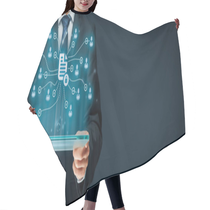 Personality  Businessman Or Programmer Holding Tablet And Scheme With Protected Document Connected With Users Hair Cutting Cape