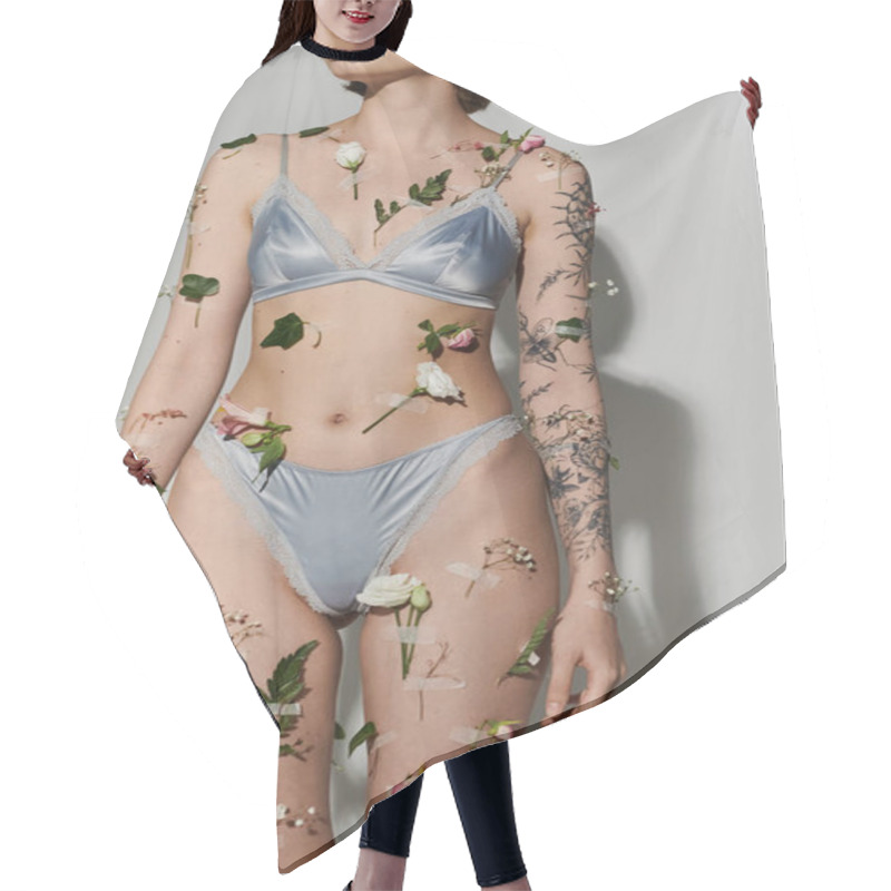 Personality  Elegant Woman With Plants On Her Body Wearing Underwear. Hair Cutting Cape