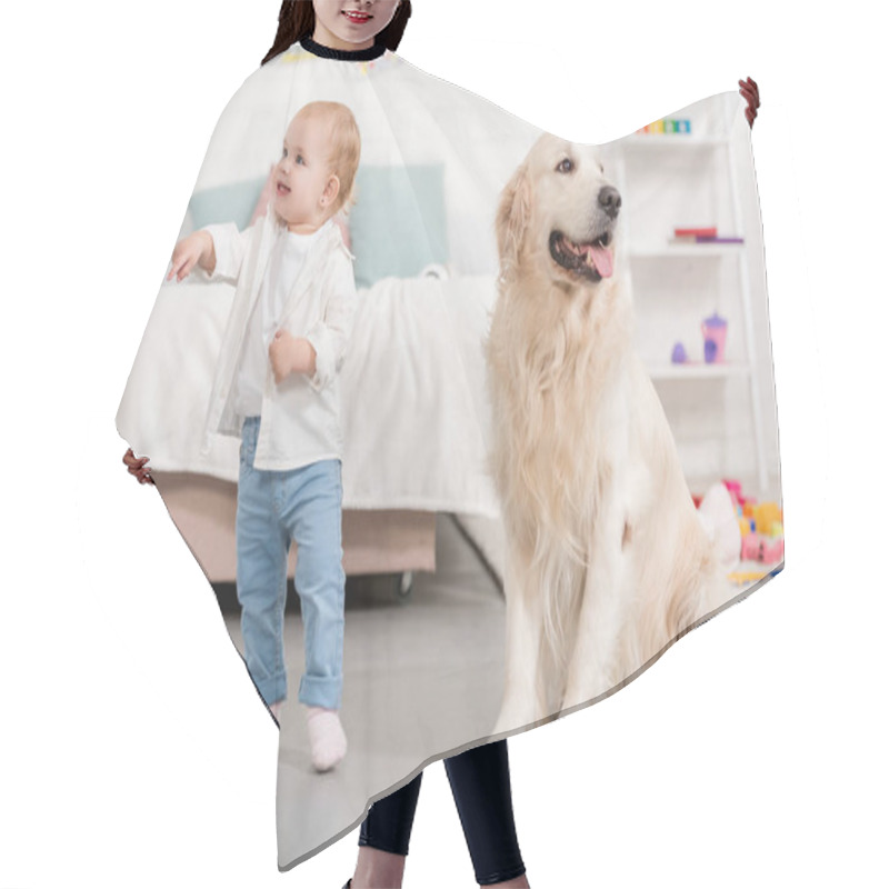 Personality  Happy Adorable Kid Looking Away, Golden Retriever Sitting On Floor In Children Room Hair Cutting Cape