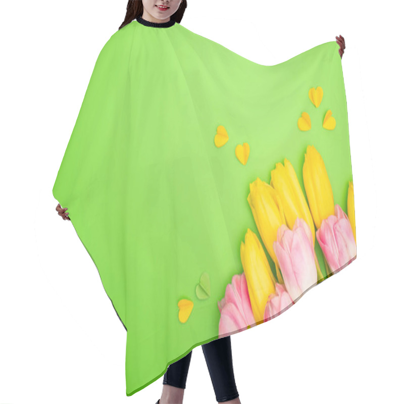 Personality  Top View Of Yellow And Pink Tulips With Decorative Hearts On Green Background, Spring Concept  Hair Cutting Cape