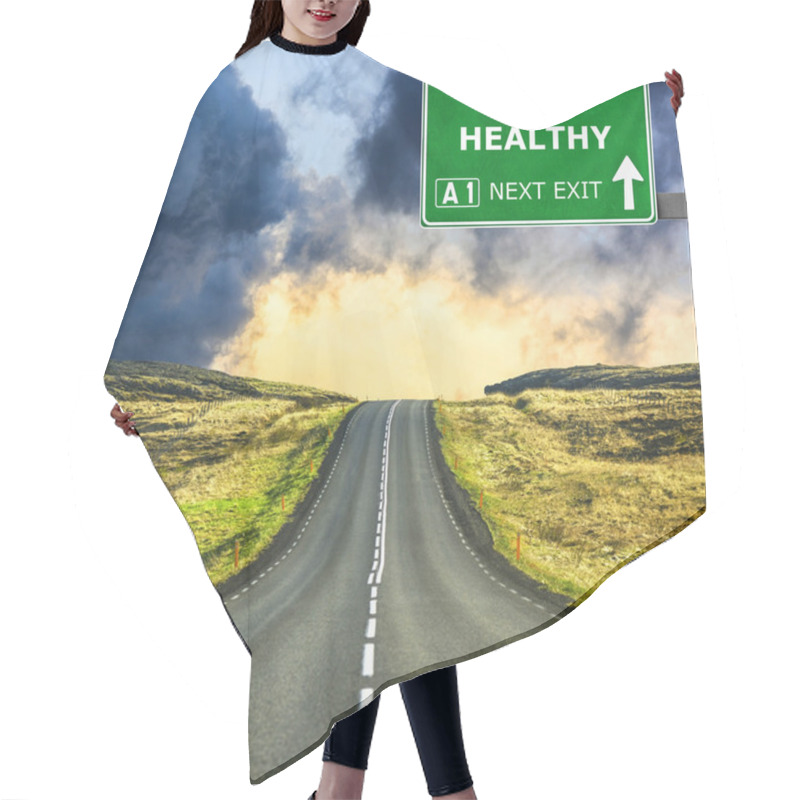 Personality  GET HEALTHY Road Sign Against Clear Blue Sky Hair Cutting Cape