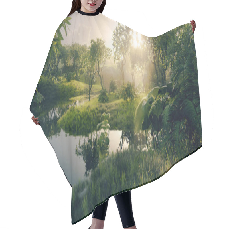 Personality  Fresh Green Paradise Scenery - Amazonian Tropical Rainforest Environment With Calm River In Beautiful Sunset Light. 3d Rendering. Hair Cutting Cape