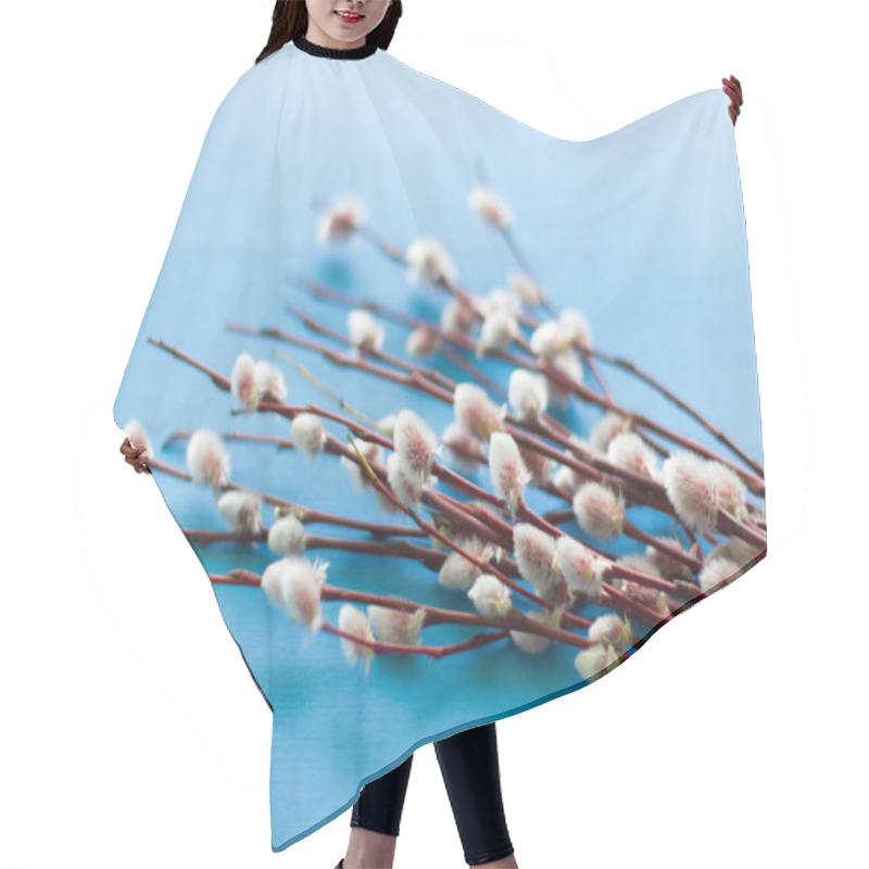 Personality  Willow Twigs With Blossoming Buds On A Blue Background Hair Cutting Cape