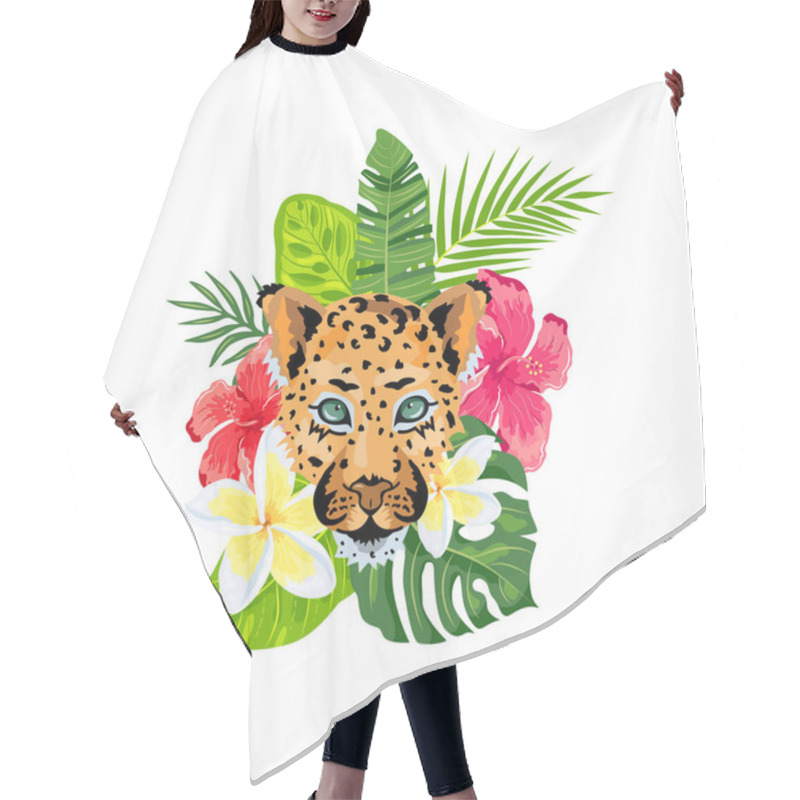 Personality  Leopard Face With Tropical Leaves, Plumeria, Hibiscus. Design For Flyer, Poster, T-shirt Print, Invites, Sticker, Pattern. Vector Illustration On White Background. Hair Cutting Cape