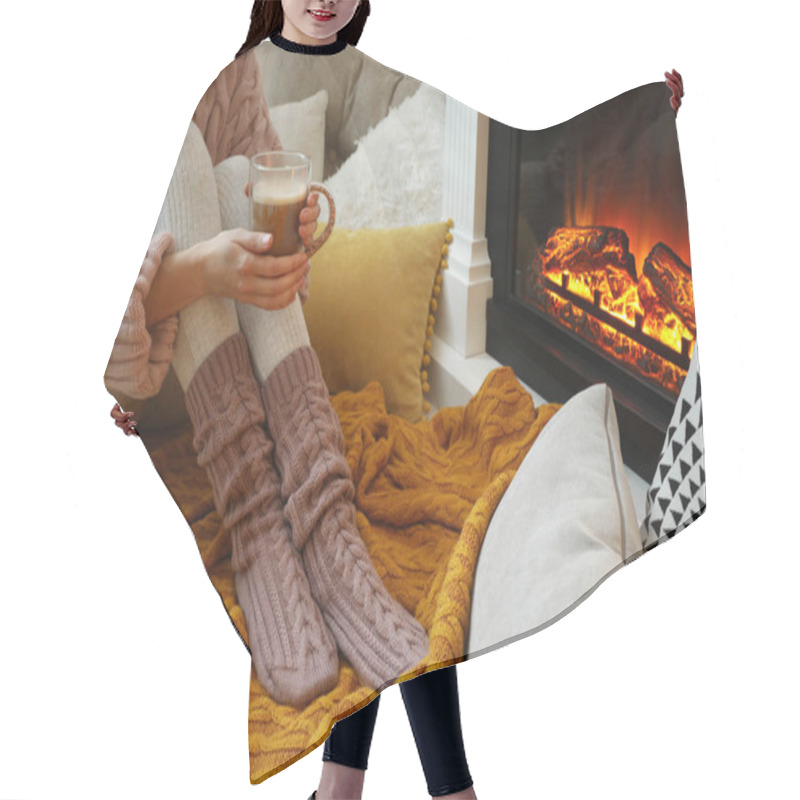 Personality  Woman With Cup Of Coffee Sitting Near Burning Fireplace, Closeup Hair Cutting Cape