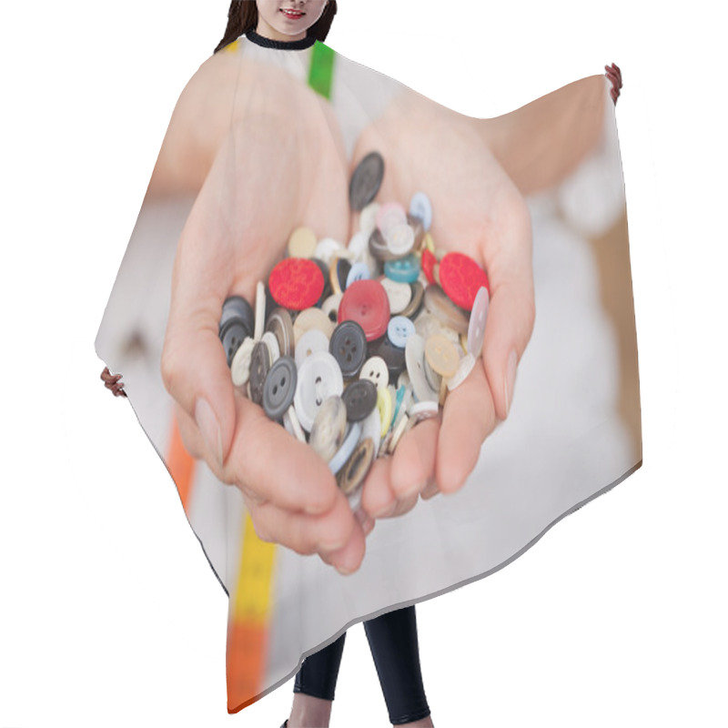 Personality  Woman Displaying A Collection Of Buttons Hair Cutting Cape