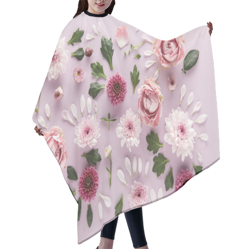 Personality  Top View Of Blooming Spring Chrysanthemums And Roses With Leaves And Petals On Violet Background Hair Cutting Cape