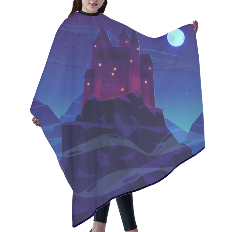 Personality  Mysterious Medieval Castle With Stone Towers Spires Illuminated Torches Fire And Glowing In Night Windows Cartoon Vector. Ancient Fortress, Dracula Vampire Shelter In Rocky Mountains Lit By Moonlight Hair Cutting Cape