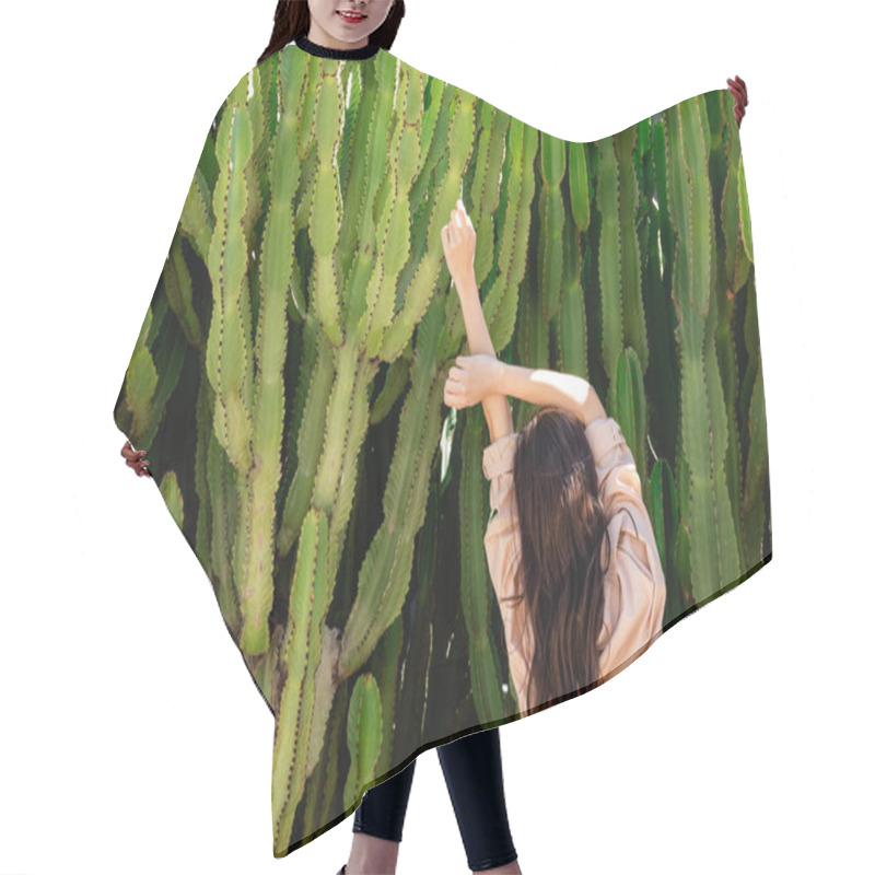 Personality  Back View Of Brunette Woman In Beige Shirt Stretching With Raised Hands Near Giant Cacti Hair Cutting Cape