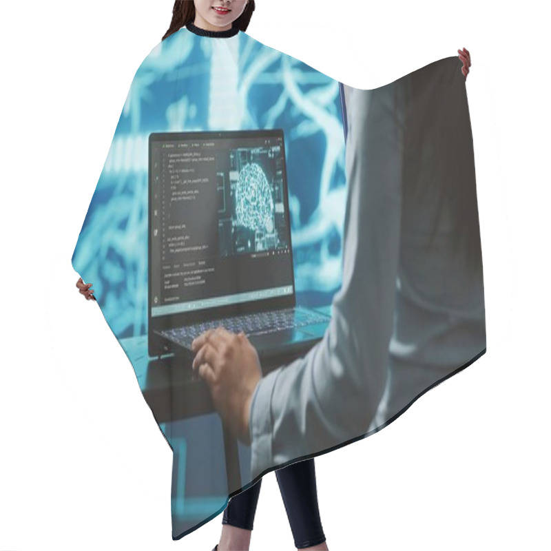 Personality  AI Computer Scientist Using Laptop For Business Data Analysis In High Tech Workspace. Close Up Shot Of Indian Woman Working On Notebook To Automatize Tasks Using Artificial Intelligence, Camera A Hair Cutting Cape