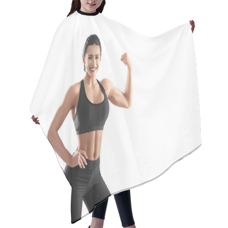 Personality  Athletic Woman Demonstrating Her Strong Muscles. Hair Cutting Cape