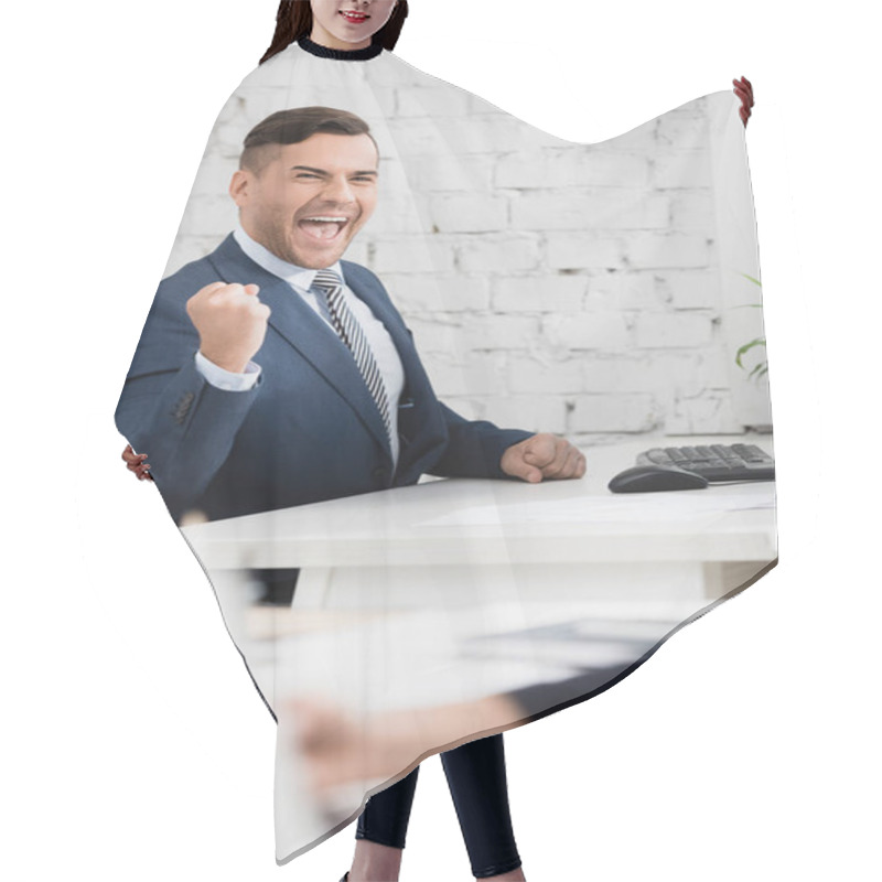 Personality  Excited Businessman With Yes Gesture Looking At Camera, While Sitting At Table In Office On Blurred Foreground Hair Cutting Cape