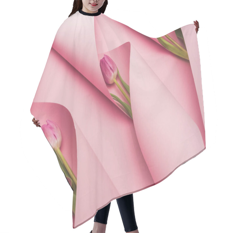 Personality  Purple Tulips In Paper Swirls On Pink Background Hair Cutting Cape