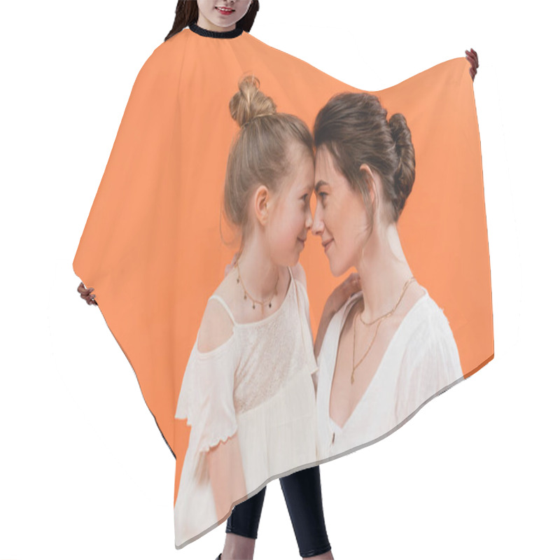 Personality  Summer Trends, Mother-daughter Bonding, Young Woman And Preteen Girl Posing On Orange Background, White Sun Dresses, Togetherness, Fashion And Style Concept, Nose To Nose Hair Cutting Cape