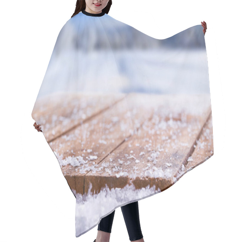 Personality  Wooden Table Top Covered In Snow With A Christmass, Winter And S Hair Cutting Cape