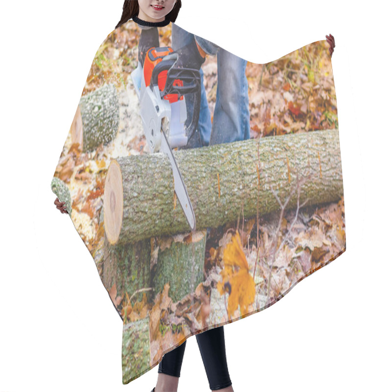 Personality  Professional Lumberjack Cutting Tree Trunk With Electric Chainsaw In Forest - Woodworking And Logging Hair Cutting Cape