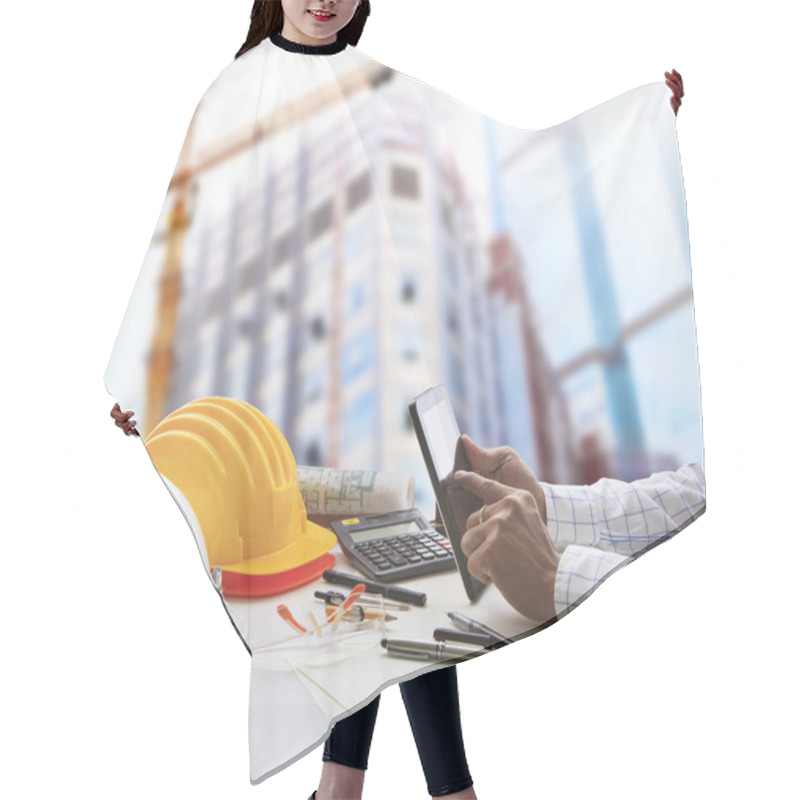 Personality  Hand Of Architect Working On Table With Tablet Computer And Work Hair Cutting Cape