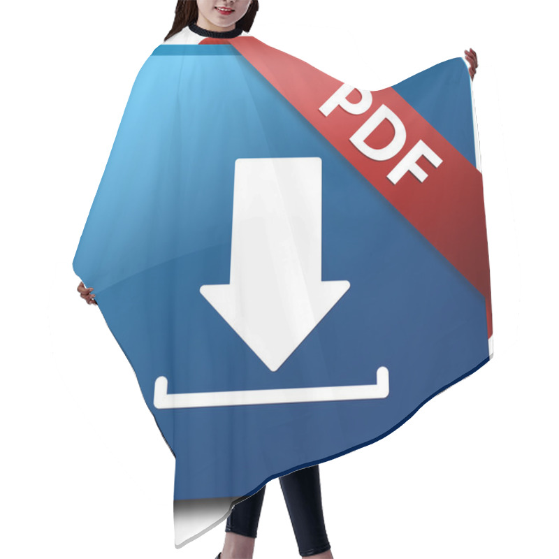 Personality  PDF Download (Down Arrow Icon) Glassy Red Ribbon On Glossy Blue Square Button Hair Cutting Cape