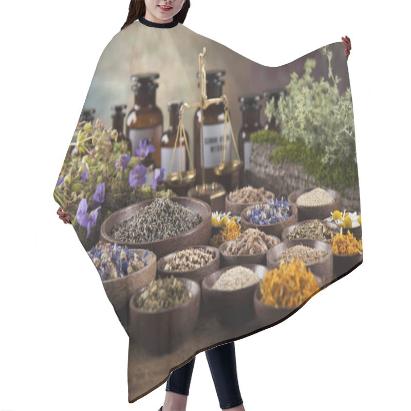 Personality  Herbal Medicine On Wooden Desk Background Hair Cutting Cape