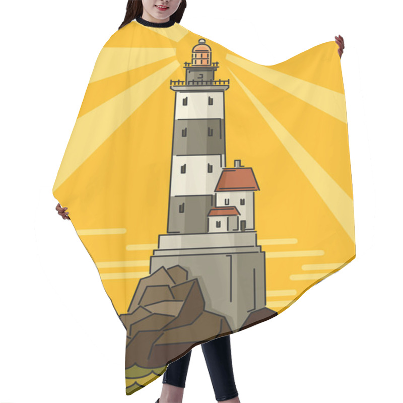 Personality  Simple Cartoon Illustrations Of Lighthouse At Sunset. Hair Cutting Cape