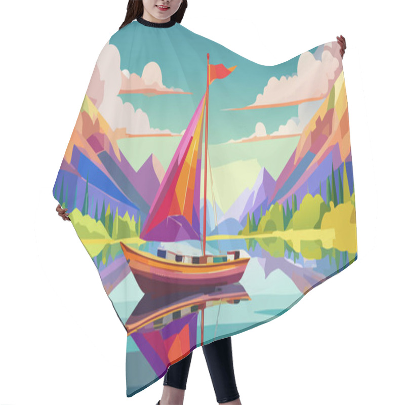 Personality  A Vibrant, Geometric Landscape Painting With A Small Boat On A Calm Lake, Surrounded By Colorful Mountains And A Bright Sky. Hair Cutting Cape