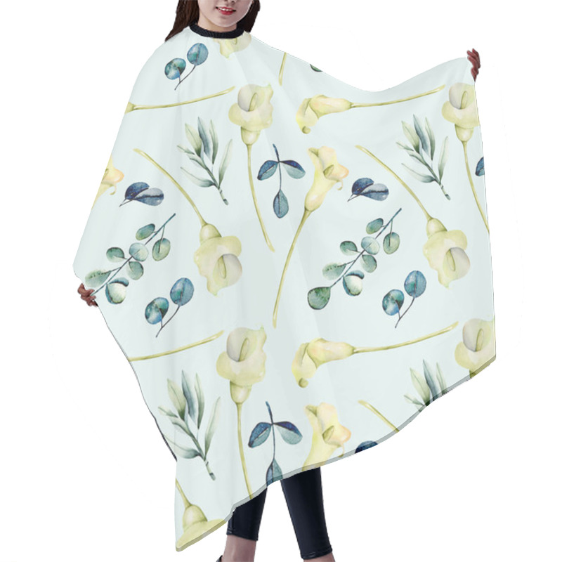 Personality  Watercolor White Callas Flowers And Eucalyptus Branches Seamless Pattern, Hand Painted On A Blue Background Hair Cutting Cape