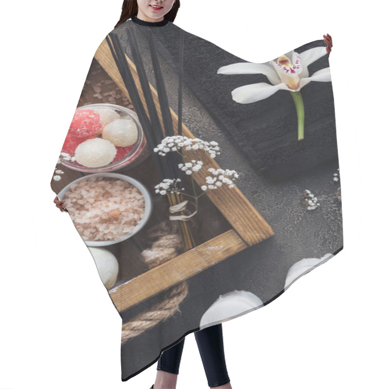 Personality  Top View Of Beautiful Orchid, Towel, Burning Candles And Spa Accessories On Grey  Hair Cutting Cape