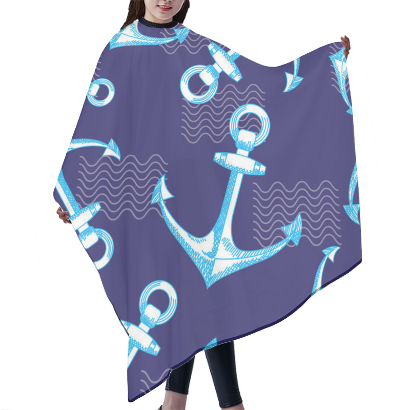 Personality  Anchors And Waves. Seamless Vector Pattern.  Hair Cutting Cape