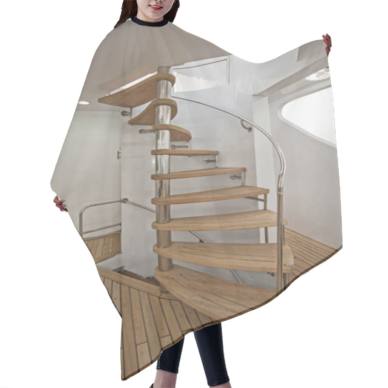 Personality  Wooden Curved Sprial Staircase On Sundeck Of Luxury Yacht Hair Cutting Cape